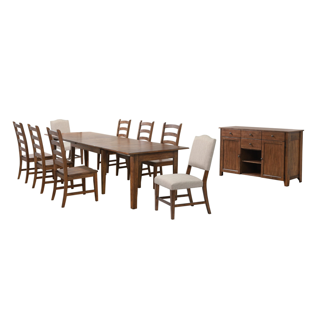 Sunset Trading Simply Brook 10 Piece 134 Inch  Rectangular Extendable Dining Set | 4 Size Table | Upholstered Chair | Sideboard Buffe