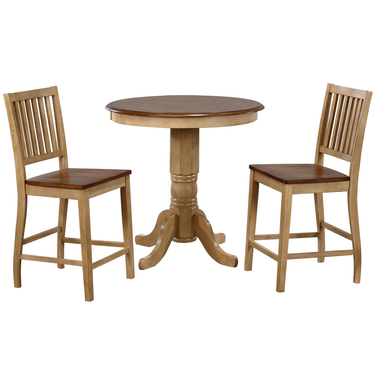 Sunset Trading Brook 3 Piece 36 Inch  Round Pub Table Set With Slat Back Stools | Counter Height Dining | Seats 4