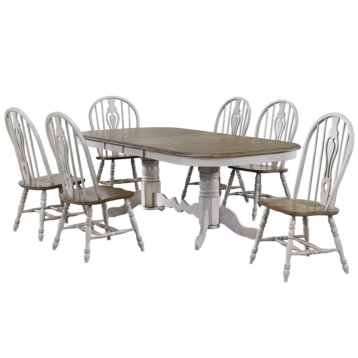 Sunset Trading Country Grove 7 Piece 96 Inch  Oval Double Pedestal Extendable Dining Table Set | Distressed Gray And Brown Wood | Sea