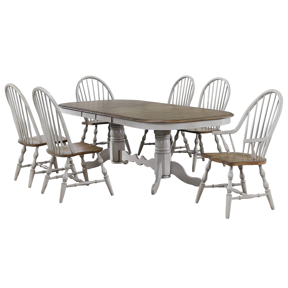 Sunset Trading Country Grove 7 Piece 96 Inch  Oval Double Pedestal Extendable Dining Table Set | 2 Arm Chairs | Distressed Gray And B