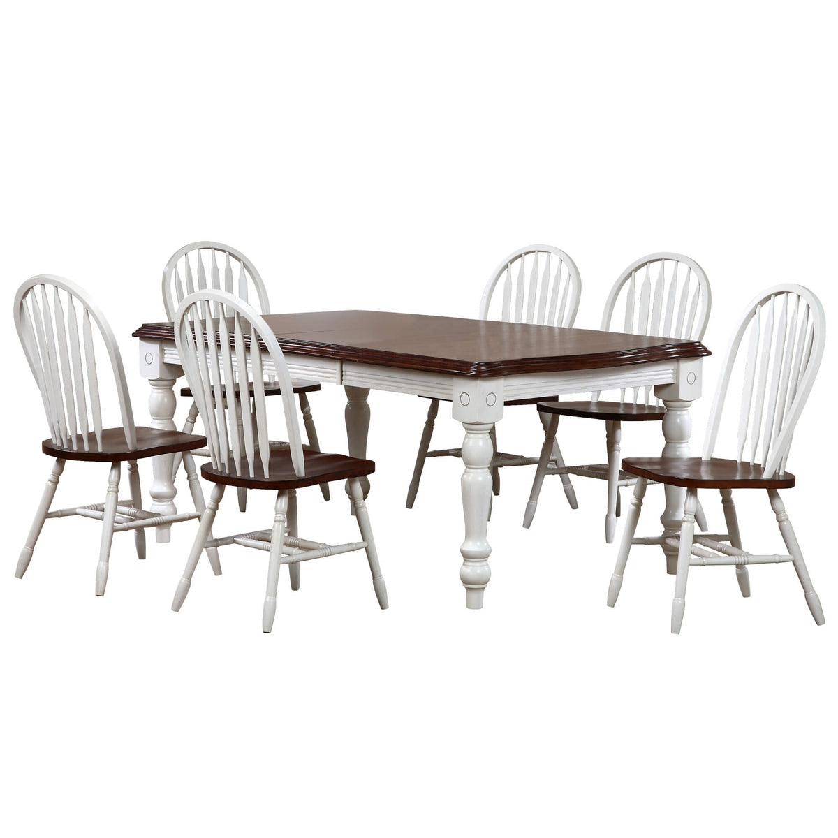 Sunset Trading Andrews 7 Piece 72 Inch  Rectangular Extendable Dining Set With Arrowback Chairs | Antique White And Chestnut Brown |