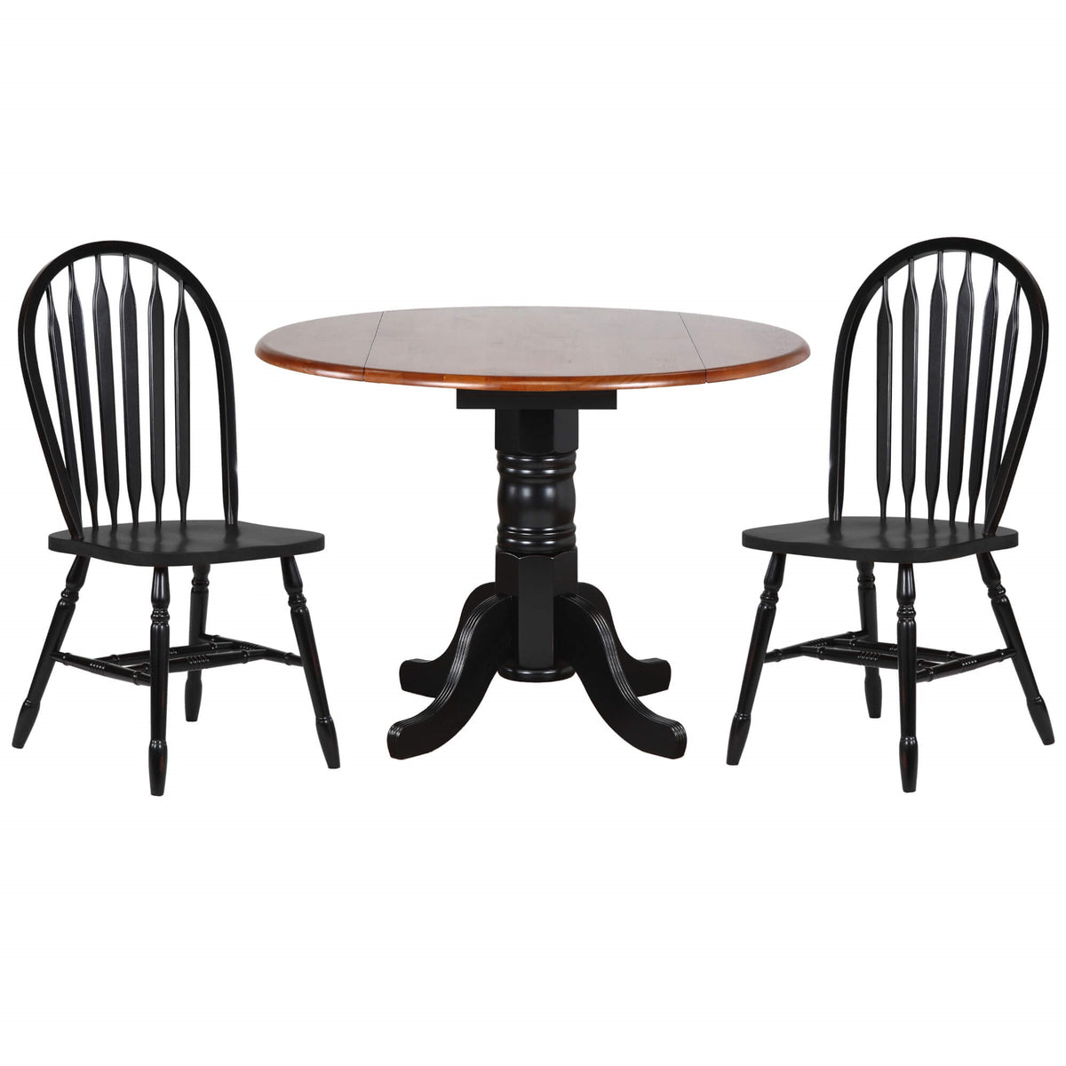 Sunset Trading Black Cherry Selections 3 Piece 42 Inch  Round Extendable Dining Set With 2 Black Arrowback Chairs | Drop Leaf Table |