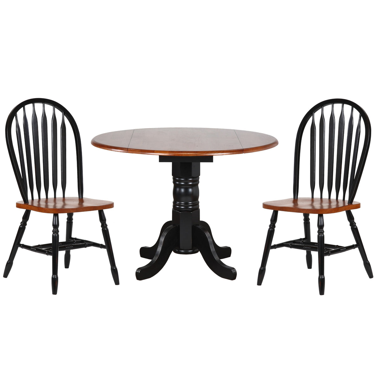 Sunset Trading Black Cherry Selections 3 Piece 42 Inch  Round Extendable Dining Set With 2 Arrowback Chairs | Drop Leaf Table | Seats