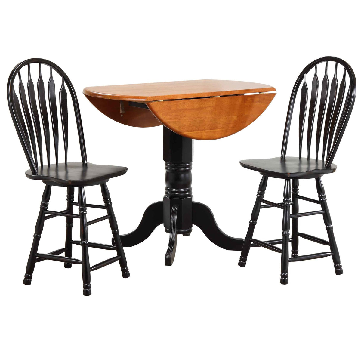 Sunset Trading Black Cherry Selections 3 Piece 42 Inch  Round Extendable Drop Leaf Pub Table Set With 2 Swivel Barstools | Counter He