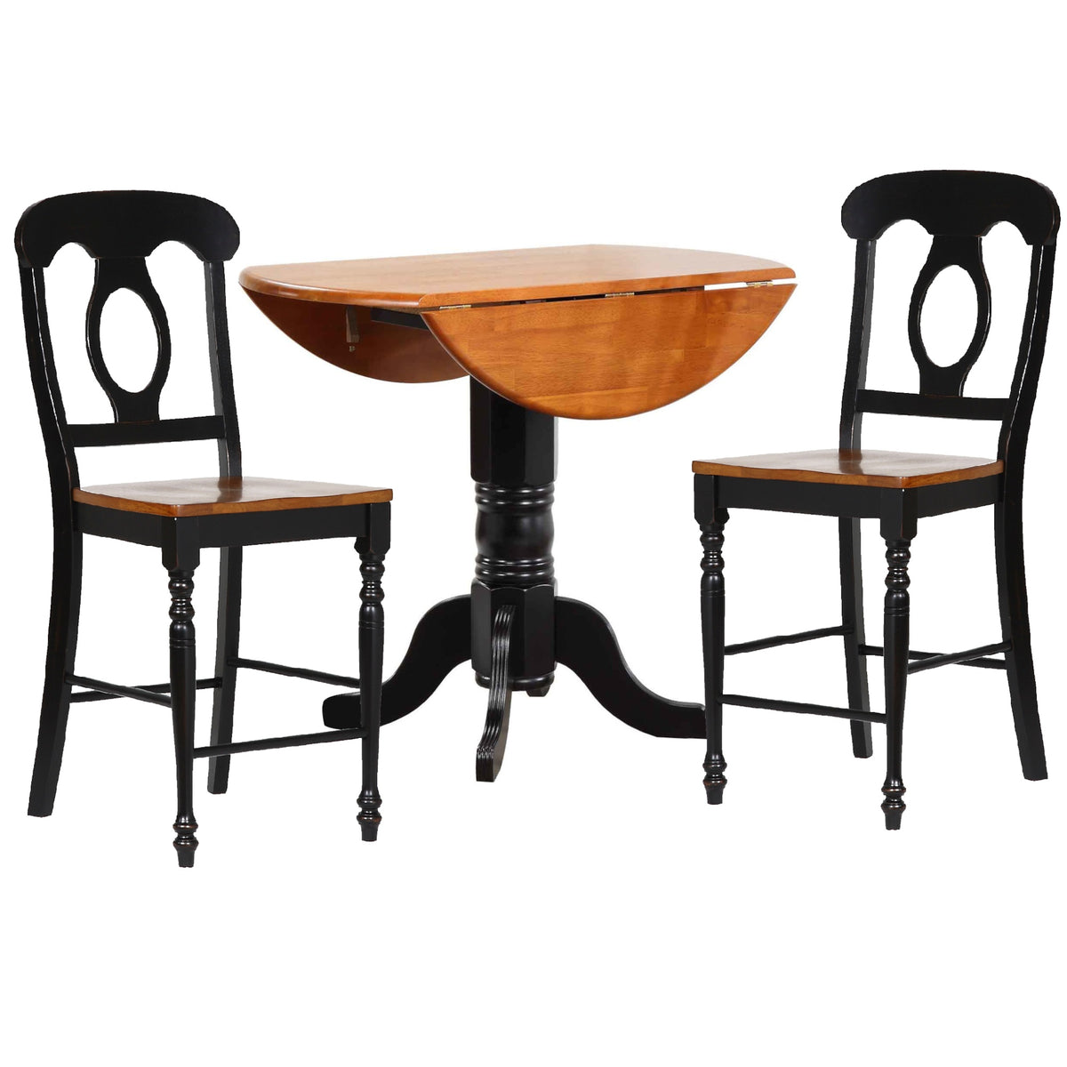 Sunset Trading Black Cherry Selections 3 Piece 42 Inch  Round Extendable Drop Leaf Pub Table Set With 2 Napoleon Stools| Counter Heig