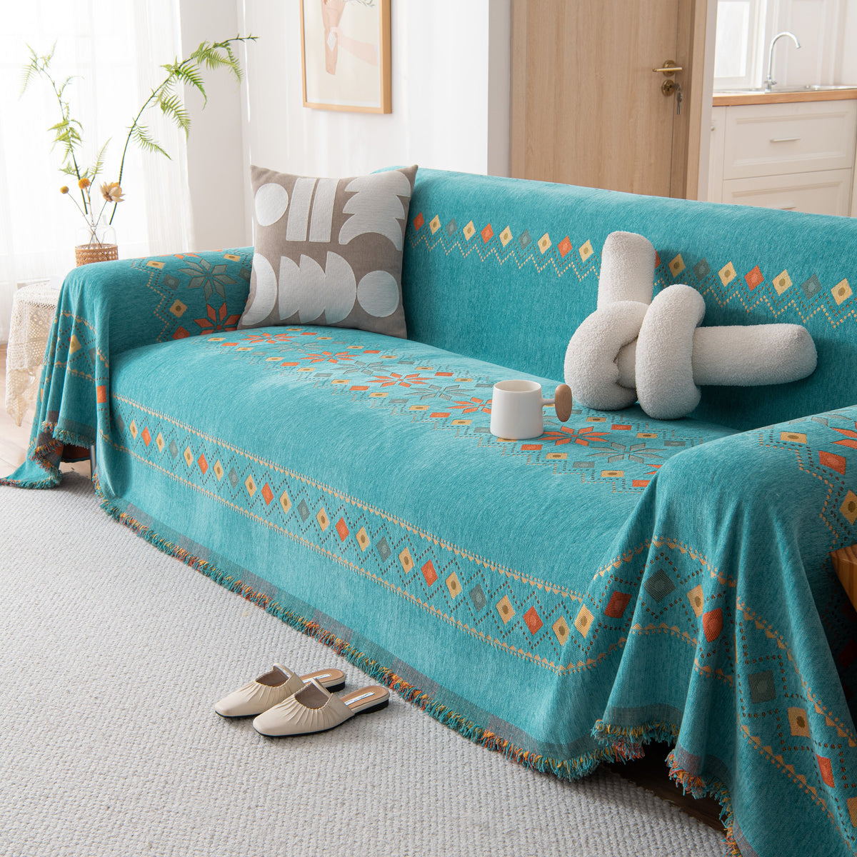 Bohemian Geometric Sofa Throw Cover, Cozy & Protective Ethnic-Inspired Couch Cover
