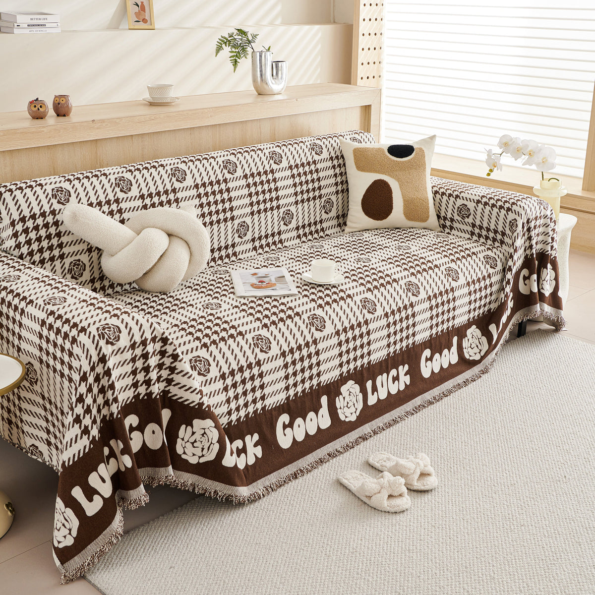 Chenille Houndstooth Sofa Throw Cover, Scratch Proof Cozy Throw Blankets for Couch
