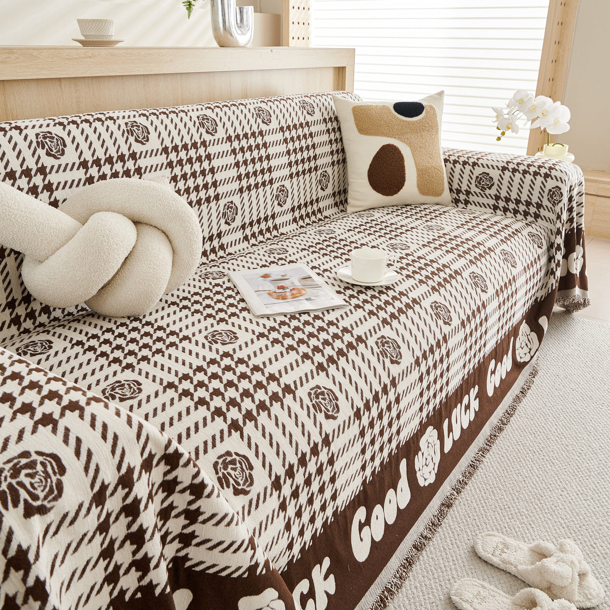 Chenille Houndstooth Sofa Throw Cover, Scratch Proof Cozy Throw Blankets for Couch