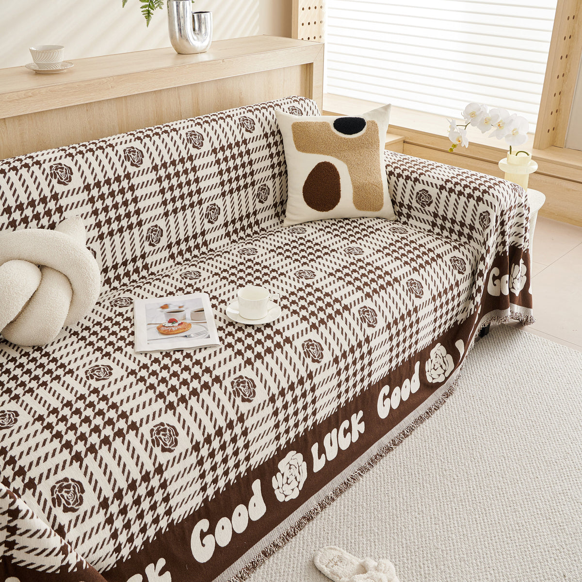Chenille Houndstooth Sofa Throw Cover, Scratch Proof Cozy Throw Blankets for Couch