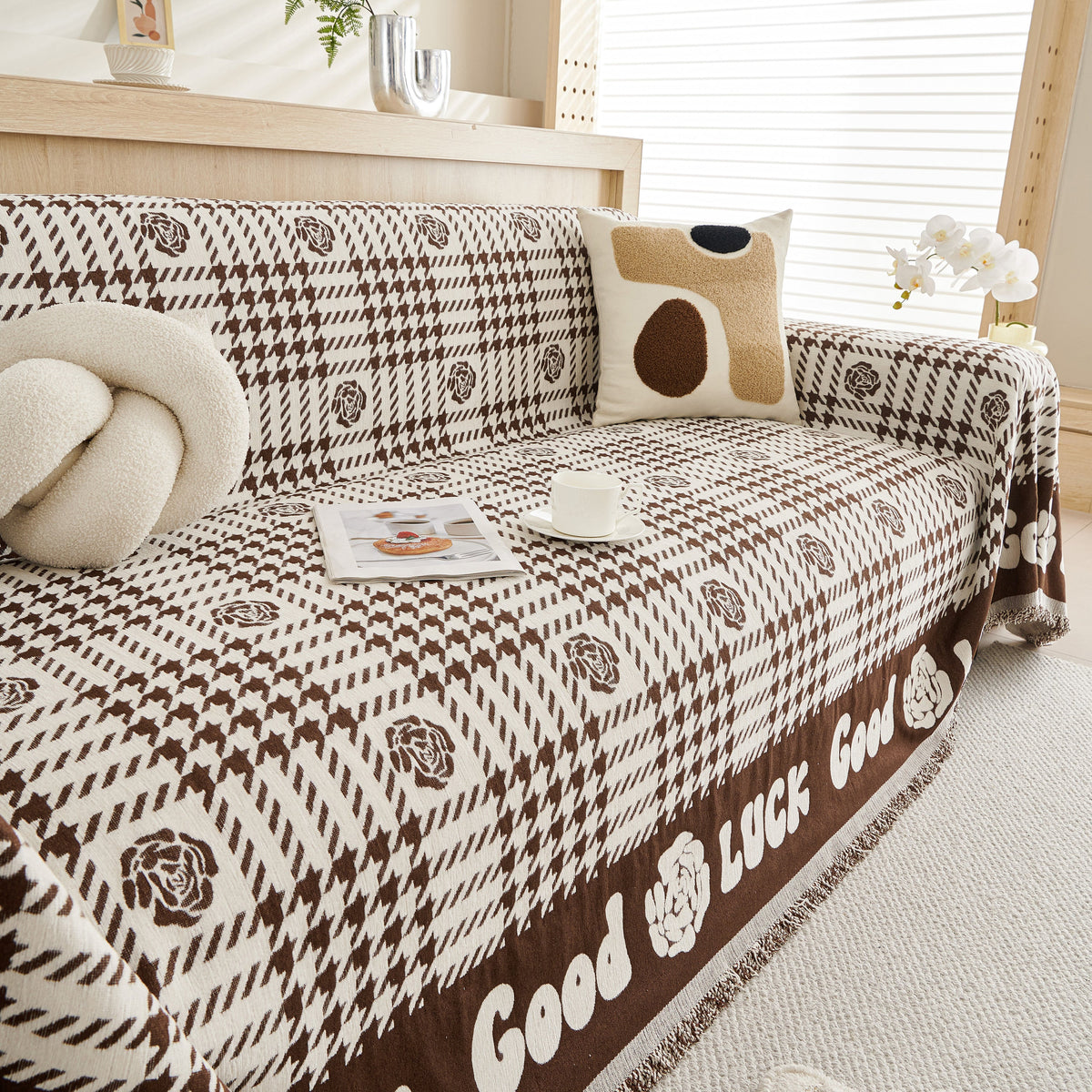 Chenille Houndstooth Sofa Throw Cover, Scratch Proof Cozy Throw Blankets for Couch