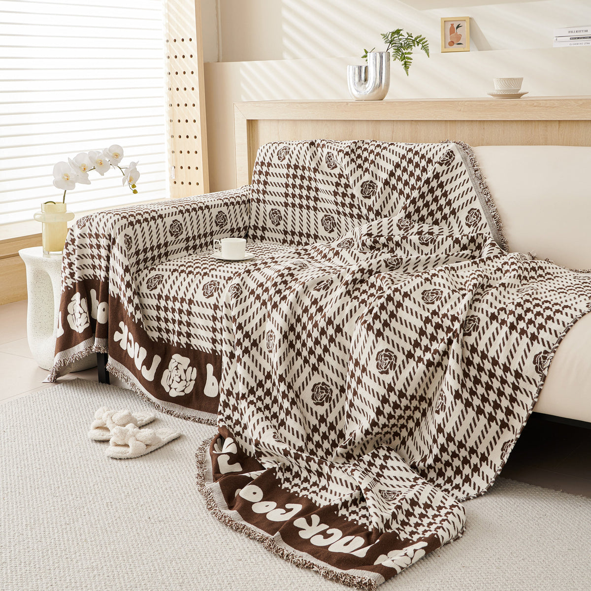 Chenille Houndstooth Sofa Throw Cover, Scratch Proof Cozy Throw Blankets for Couch