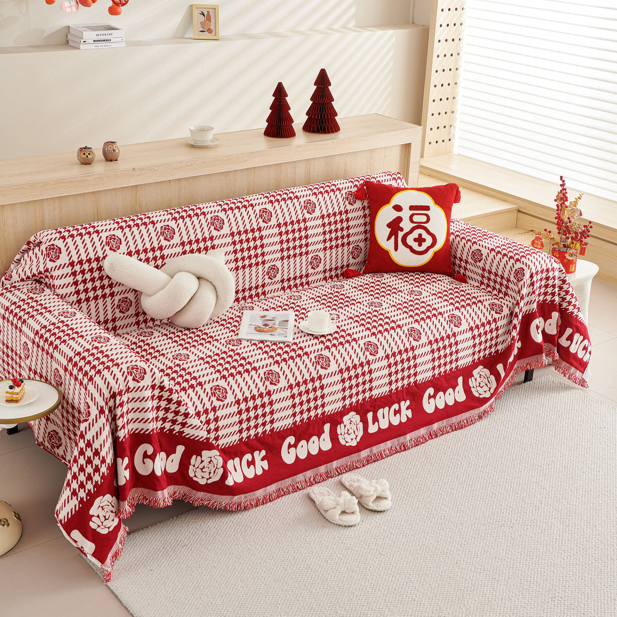 Chenille Houndstooth Sofa Throw Cover, Scratch Proof Cozy Throw Blankets for Couch