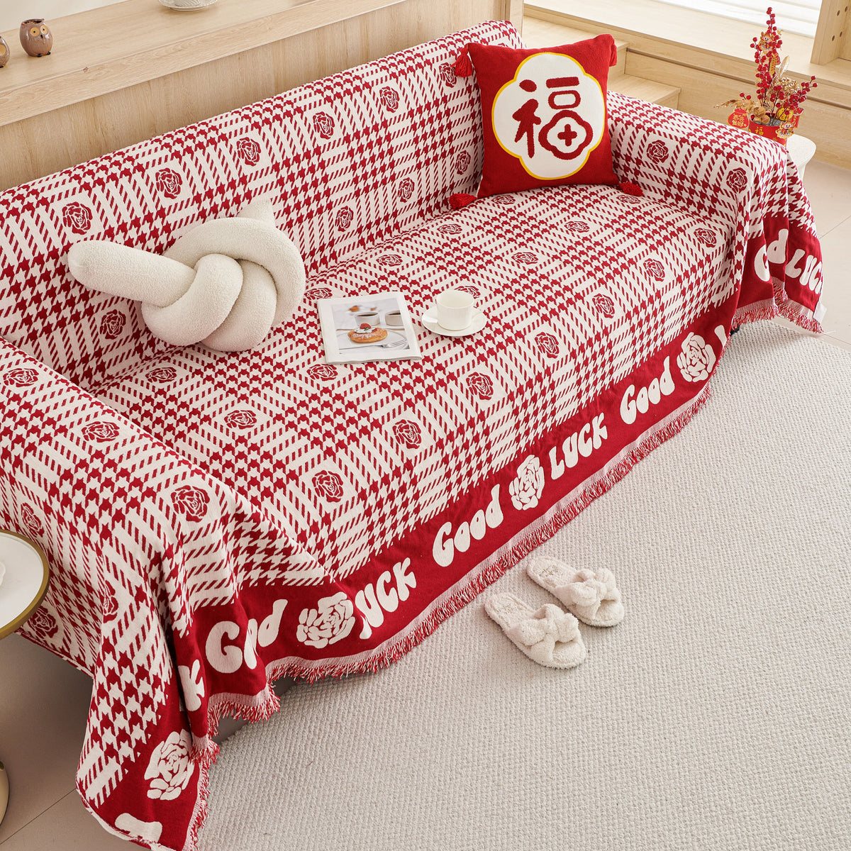 Chenille Houndstooth Sofa Throw Cover, Scratch Proof Cozy Throw Blankets for Couch