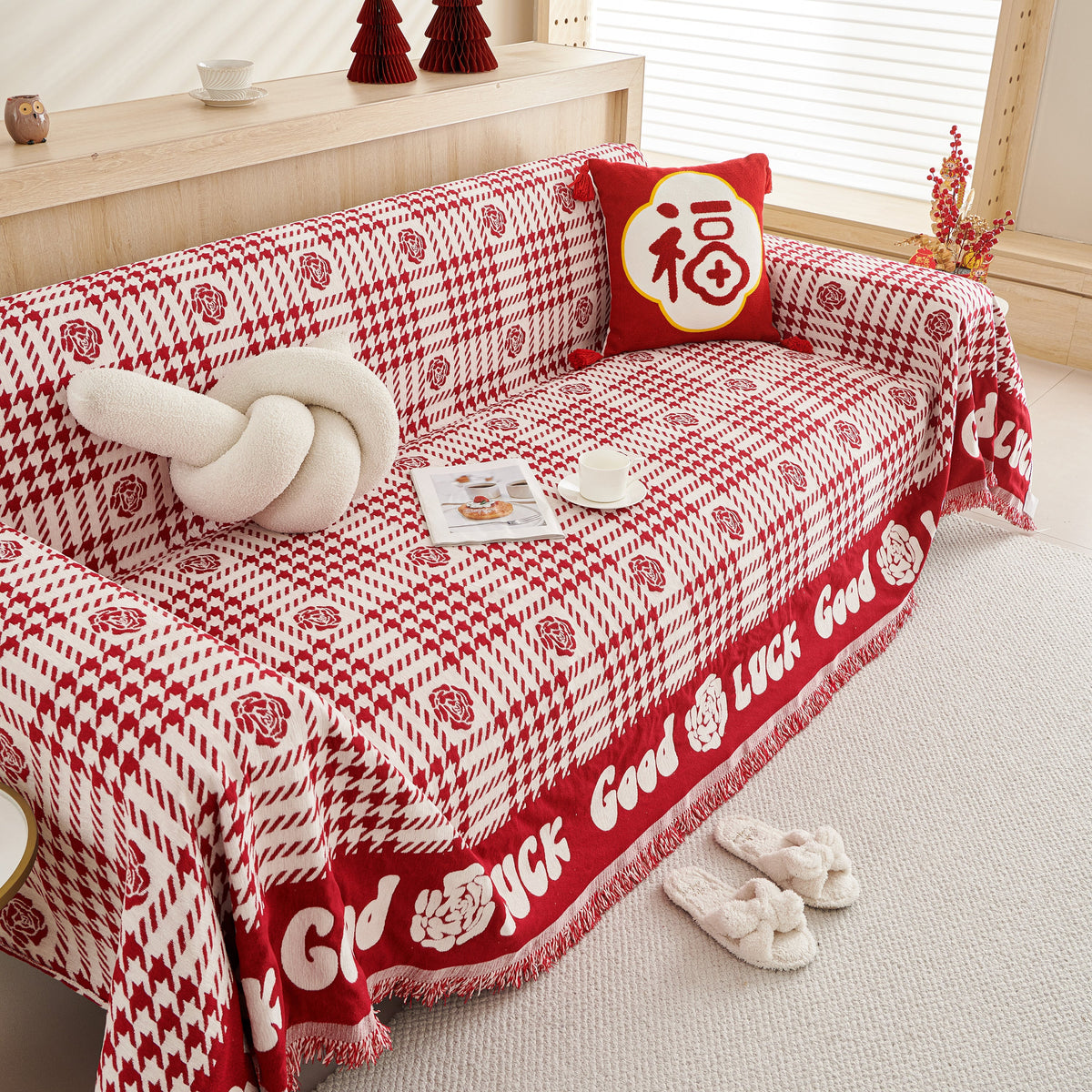 Chenille Houndstooth Sofa Throw Cover, Scratch Proof Cozy Throw Blankets for Couch