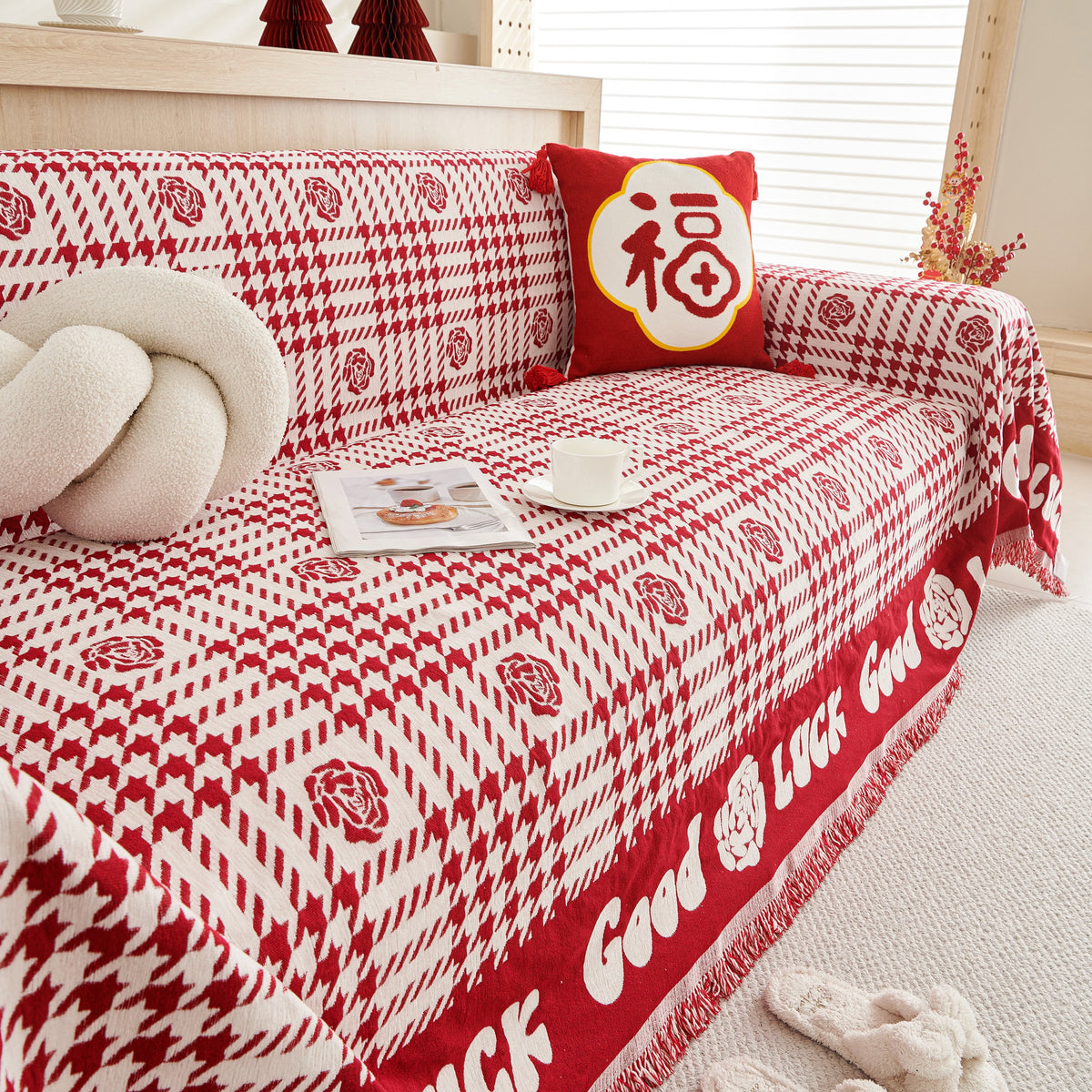 Chenille Houndstooth Sofa Throw Cover, Scratch Proof Cozy Throw Blankets for Couch