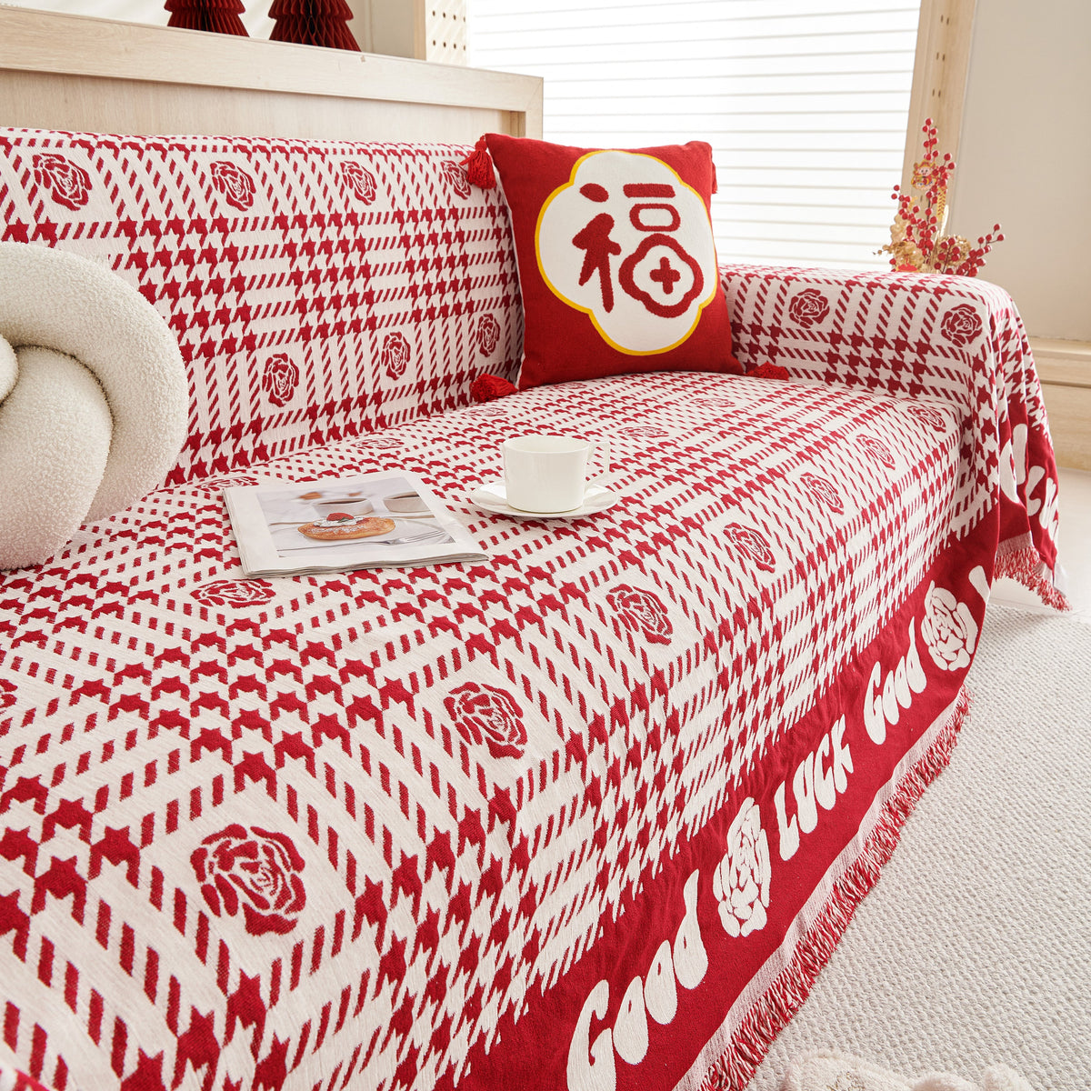 Chenille Houndstooth Sofa Throw Cover, Scratch Proof Cozy Throw Blankets for Couch