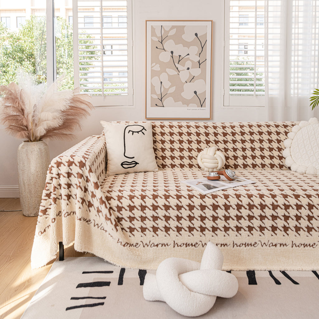 Jacquard Plush Houndstooth Sofa Throw Cover, Cover Throws for Sofas, Stylish Living Room Throws