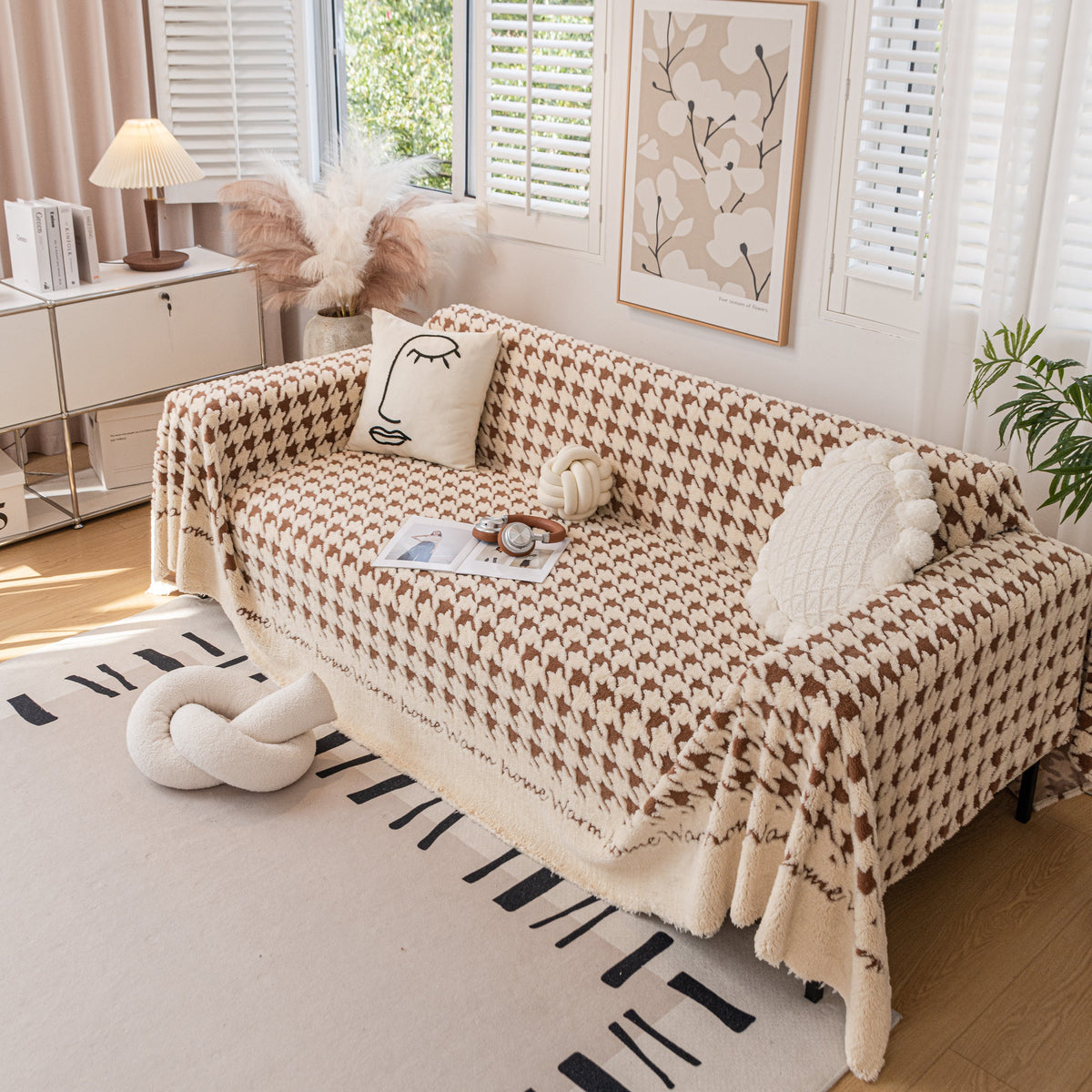 Jacquard Plush Houndstooth Sofa Throw Cover, Cover Throws for Sofas, Stylish Living Room Throws