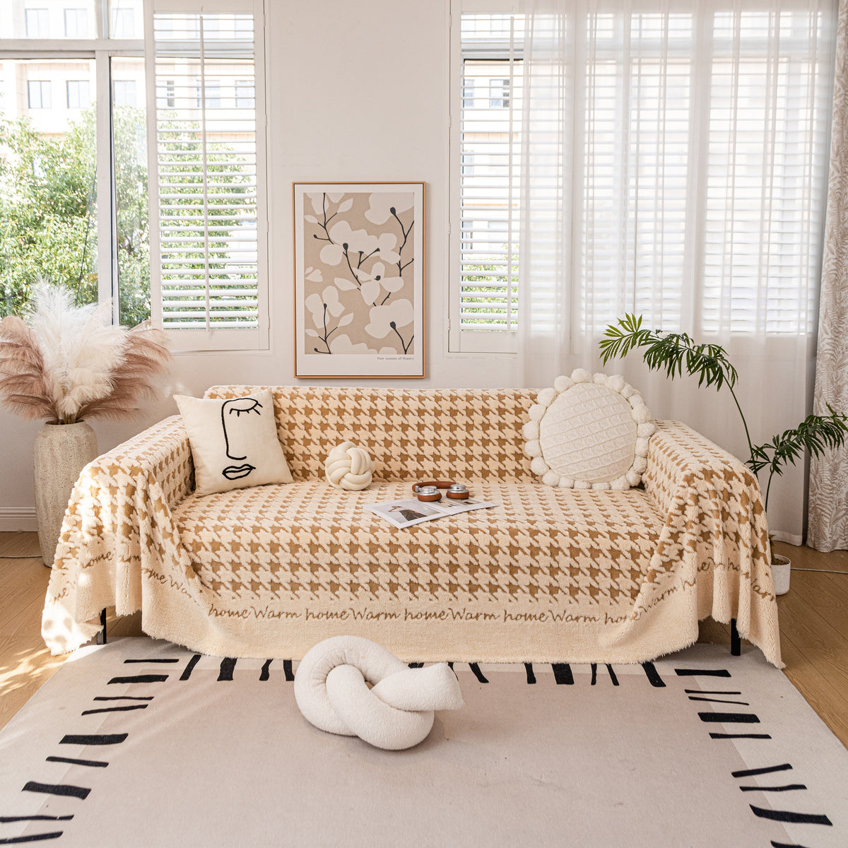 Jacquard Plush Houndstooth Sofa Throw Cover, Cover Throws for Sofas, Stylish Living Room Throws