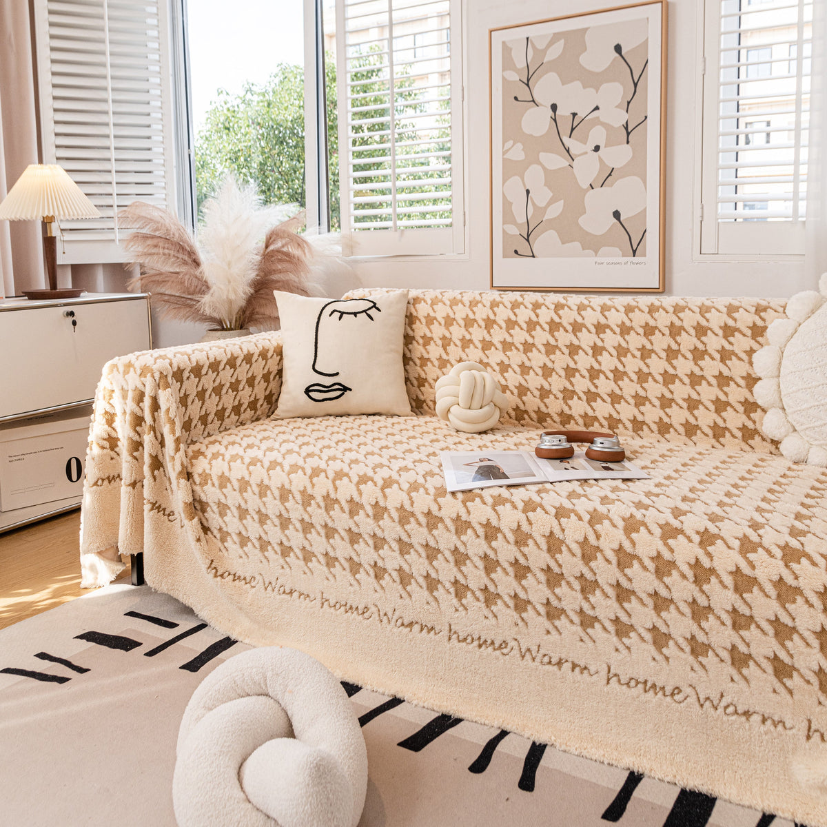 Jacquard Plush Houndstooth Sofa Throw Cover, Cover Throws for Sofas, Stylish Living Room Throws