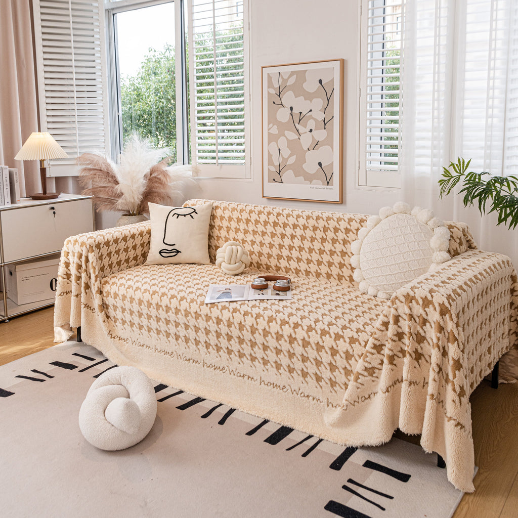 Jacquard Plush Houndstooth Sofa Throw Cover, Cover Throws for Sofas, Stylish Living Room Throws