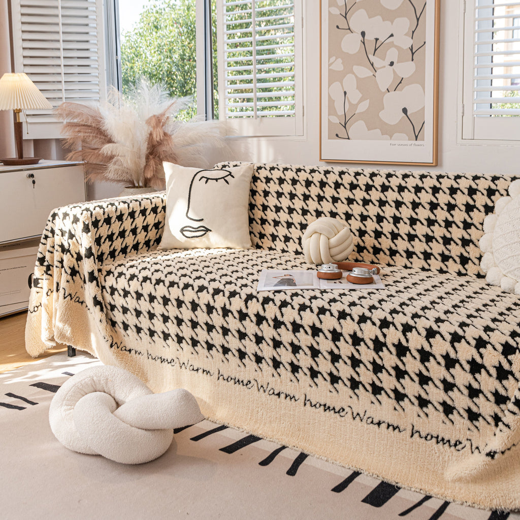 Jacquard Plush Houndstooth Sofa Throw Cover, Cover Throws for Sofas, Stylish Living Room Throws