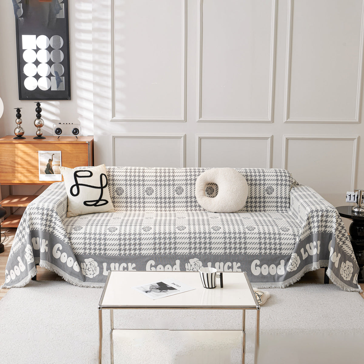 Chenille Houndstooth Sofa Throw Cover, Scratch Proof Cozy Throw Blankets for Couch