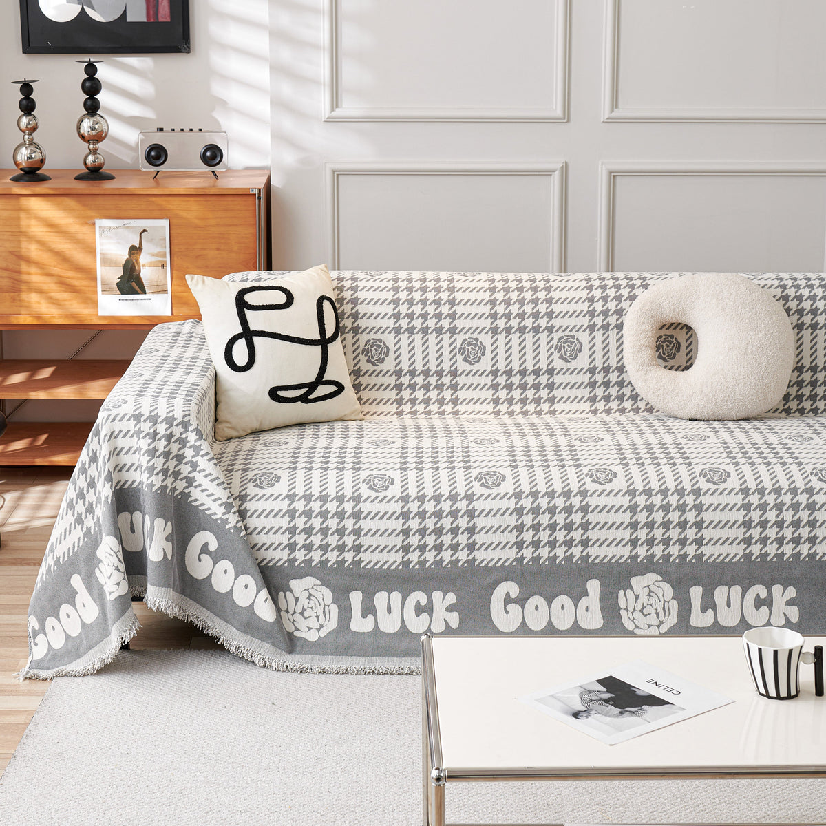 Chenille Houndstooth Sofa Throw Cover, Scratch Proof Cozy Throw Blankets for Couch