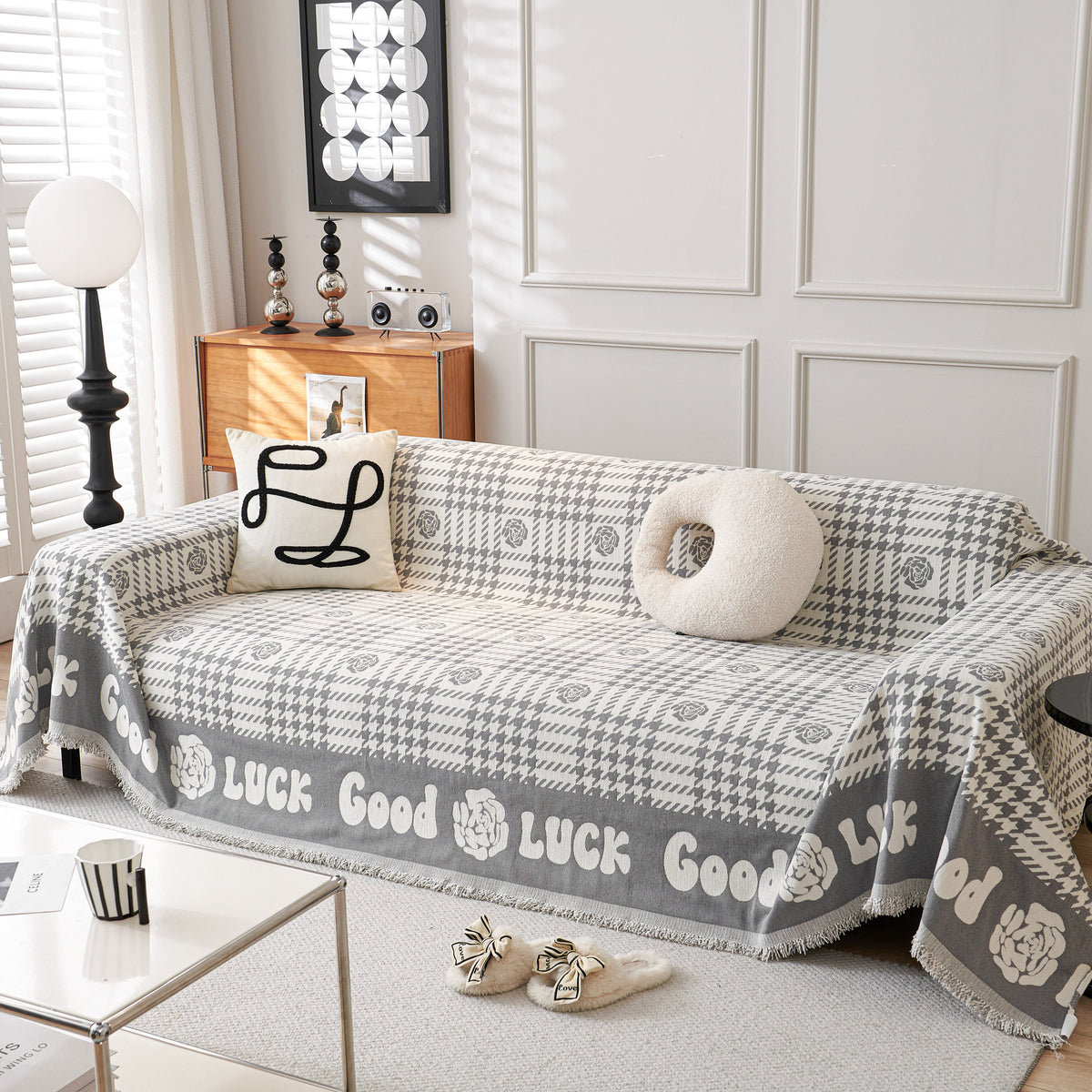 Chenille Houndstooth Sofa Throw Cover, Scratch Proof Cozy Throw Blankets for Couch