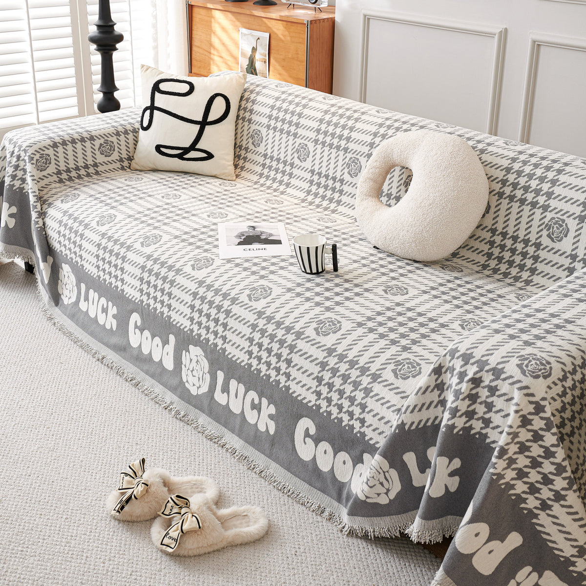 Chenille Houndstooth Sofa Throw Cover, Scratch Proof Cozy Throw Blankets for Couch