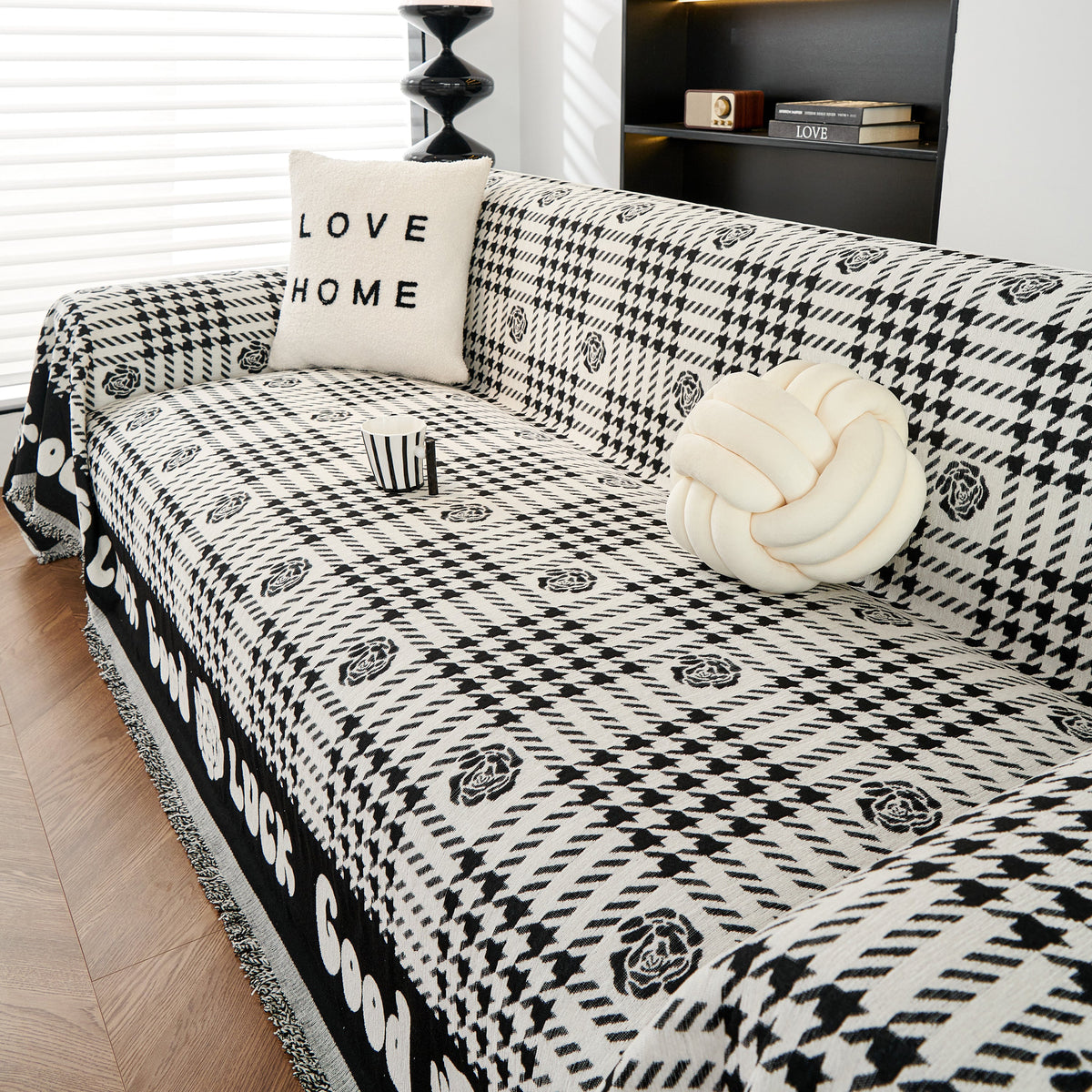 Chenille Houndstooth Sofa Throw Cover, Scratch Proof Cozy Throw Blankets for Couch