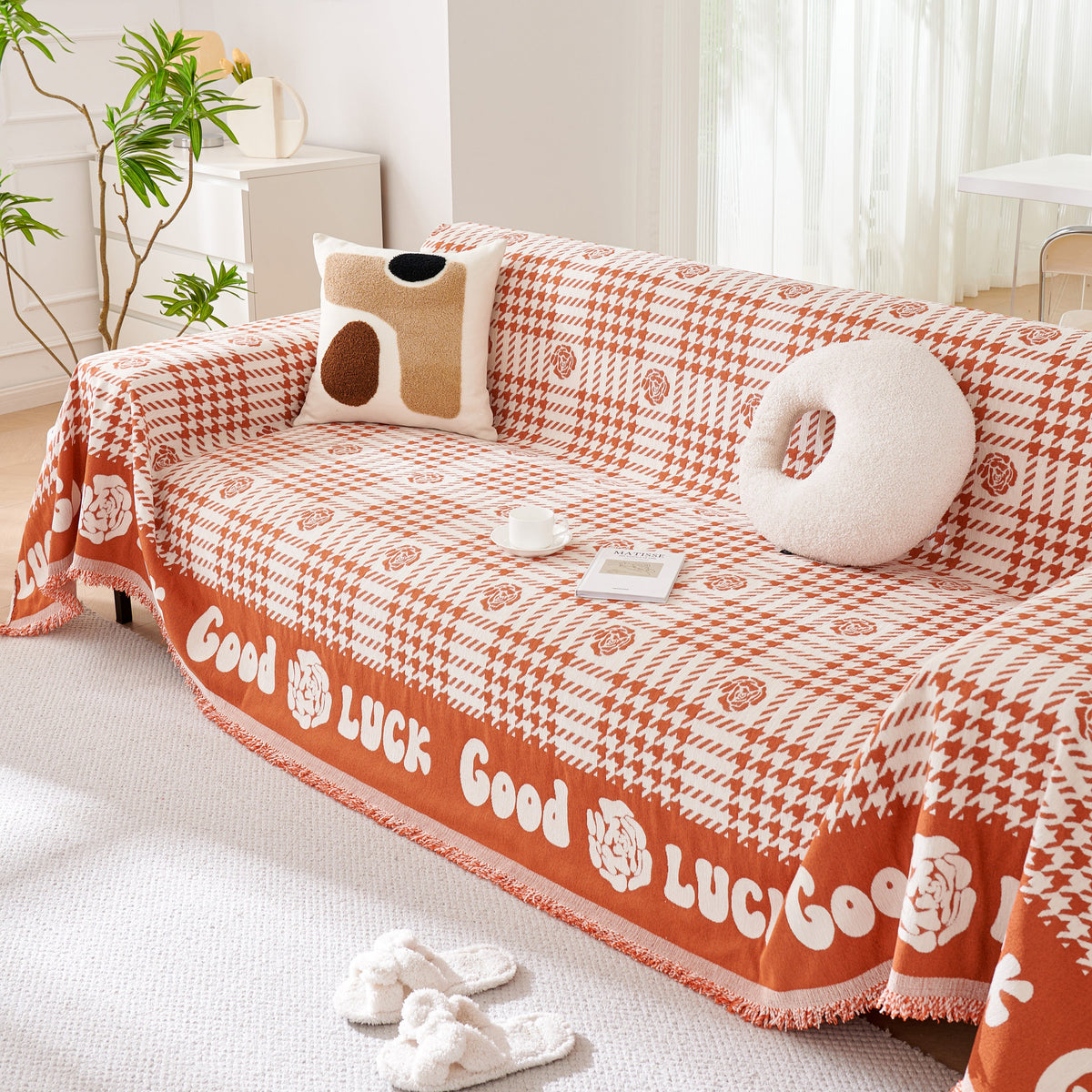 Chenille Houndstooth Sofa Throw Cover, Scratch Proof Cozy Throw Blankets for Couch