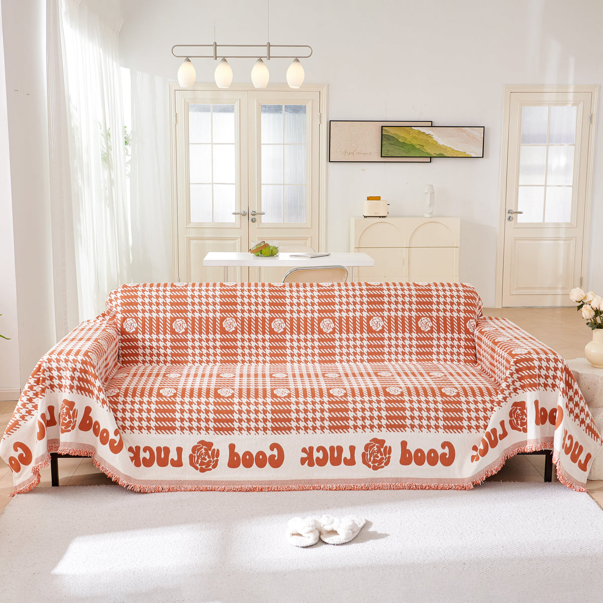 Chenille Houndstooth Sofa Throw Cover, Scratch Proof Cozy Throw Blankets for Couch