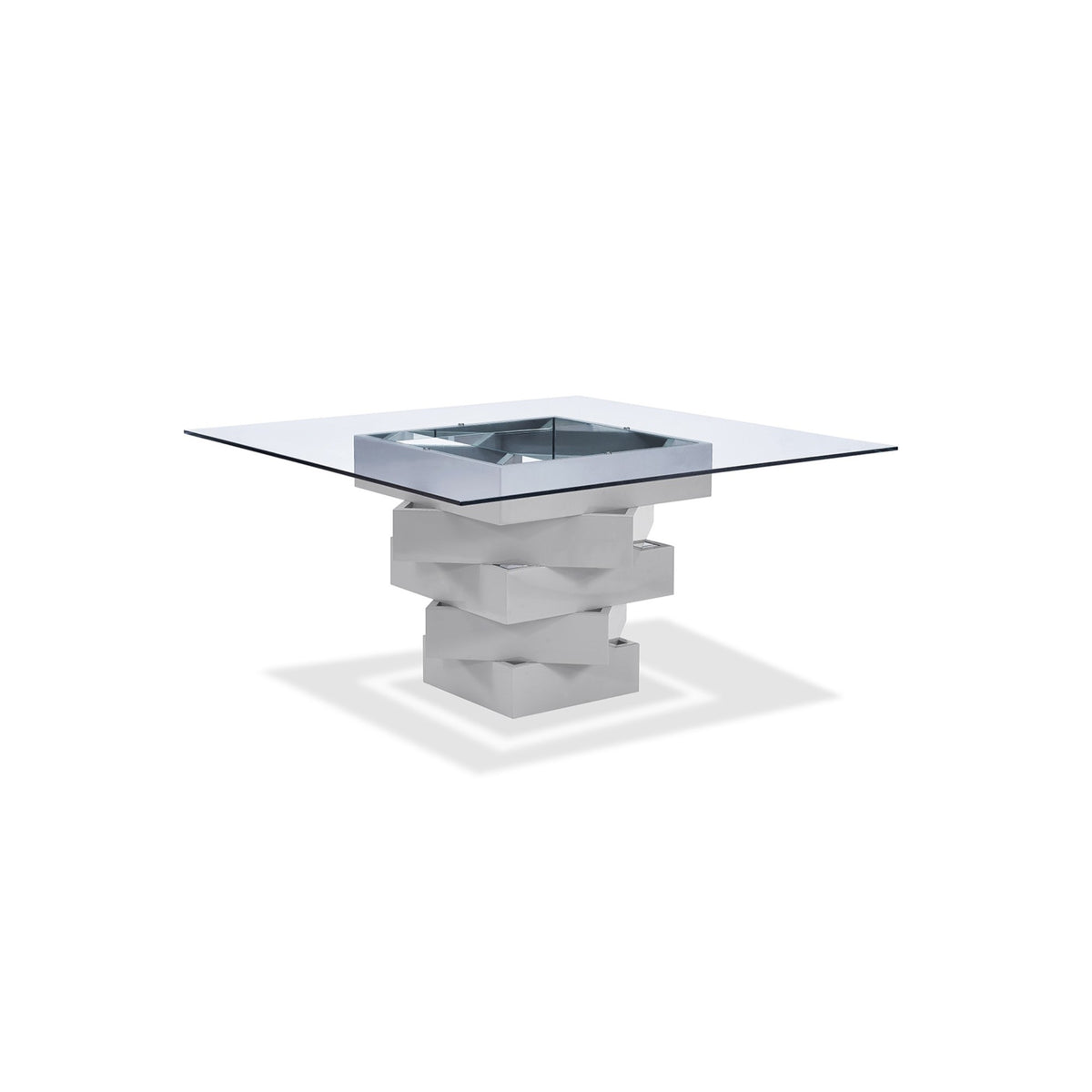 Carson Dining Table, High Gloss Gray Lacquer Geometric Base With Mirrors, 12Mm Clear Glass Top