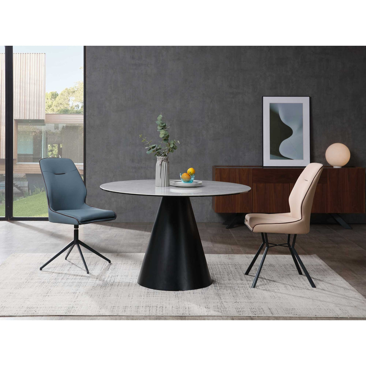 Sun Round Dining Table, 8Mm Glass + 5Mm Gray Ceramic Top, Black Lacquer Base