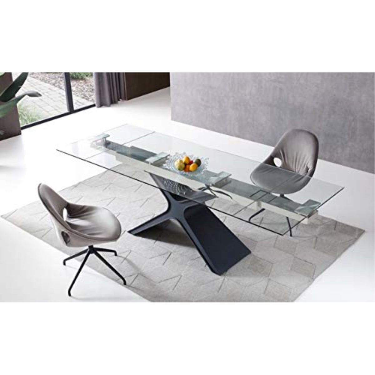 West Extendable Dining Table 10Mm Tempered Clear Glass Top, Sanded Black Metal Legs