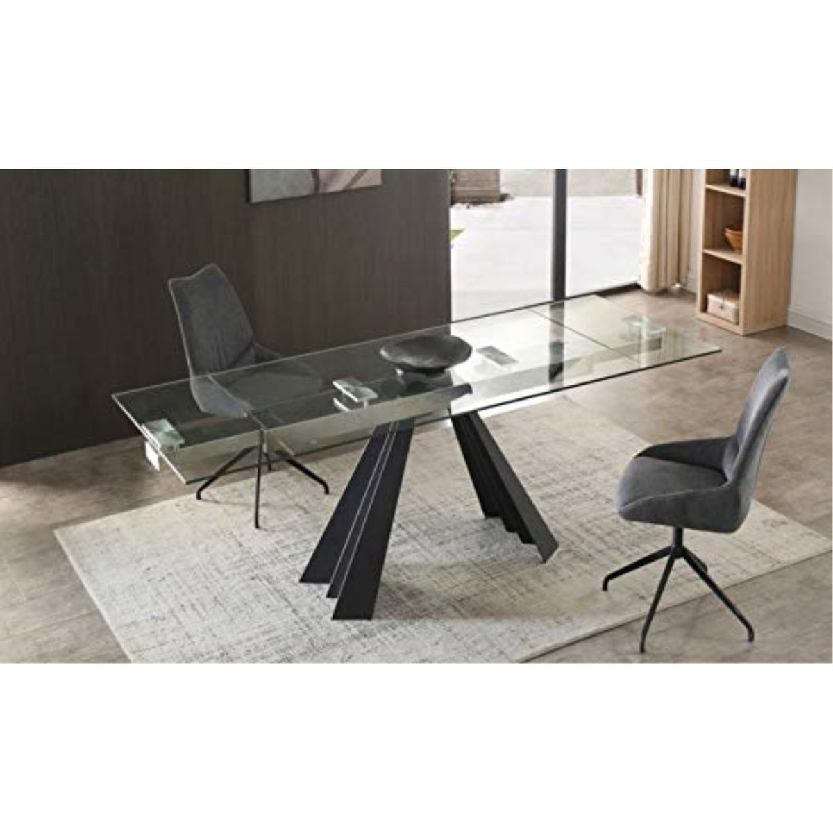 Chicago Extendable Dining Table 10Mm Tempered Clear Glass Top, Sanded Black Metal Legs