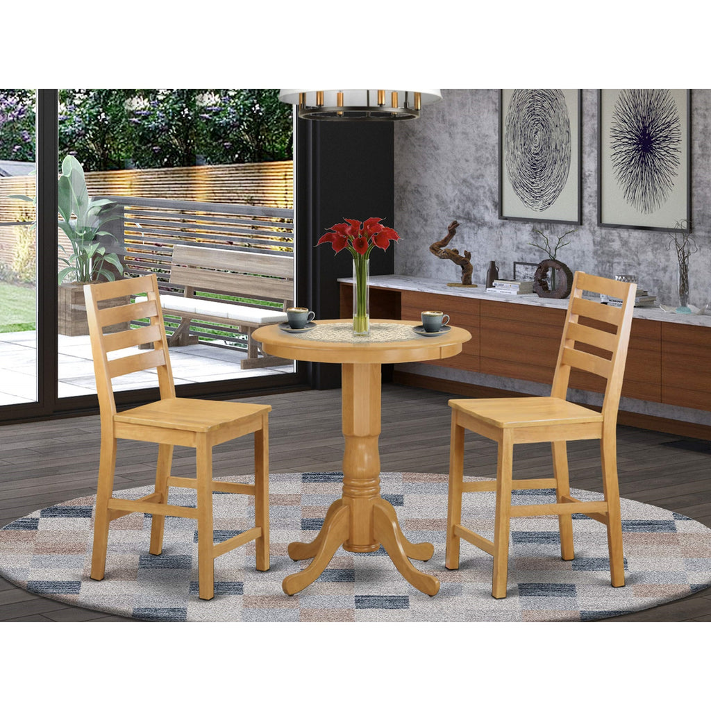East West Furniture EDCF3-OAK-W 3 Piece Counter Height Dining Set for Small Spaces Contains a Round Dining Room Table with Pedestal and 2 Wooden Seat Chairs, 30x30 Inch, Oak