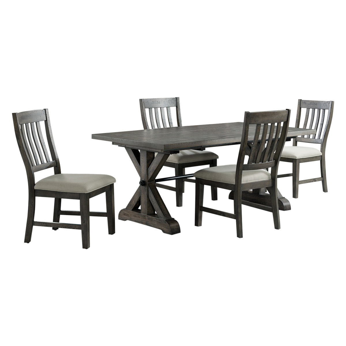 Sunset Trading Trestle 5 Piece Dining Set | 96 Inch  Rectangular Extendable Table | 4 Upholstered Side Chairs | Distressed Gray Wood