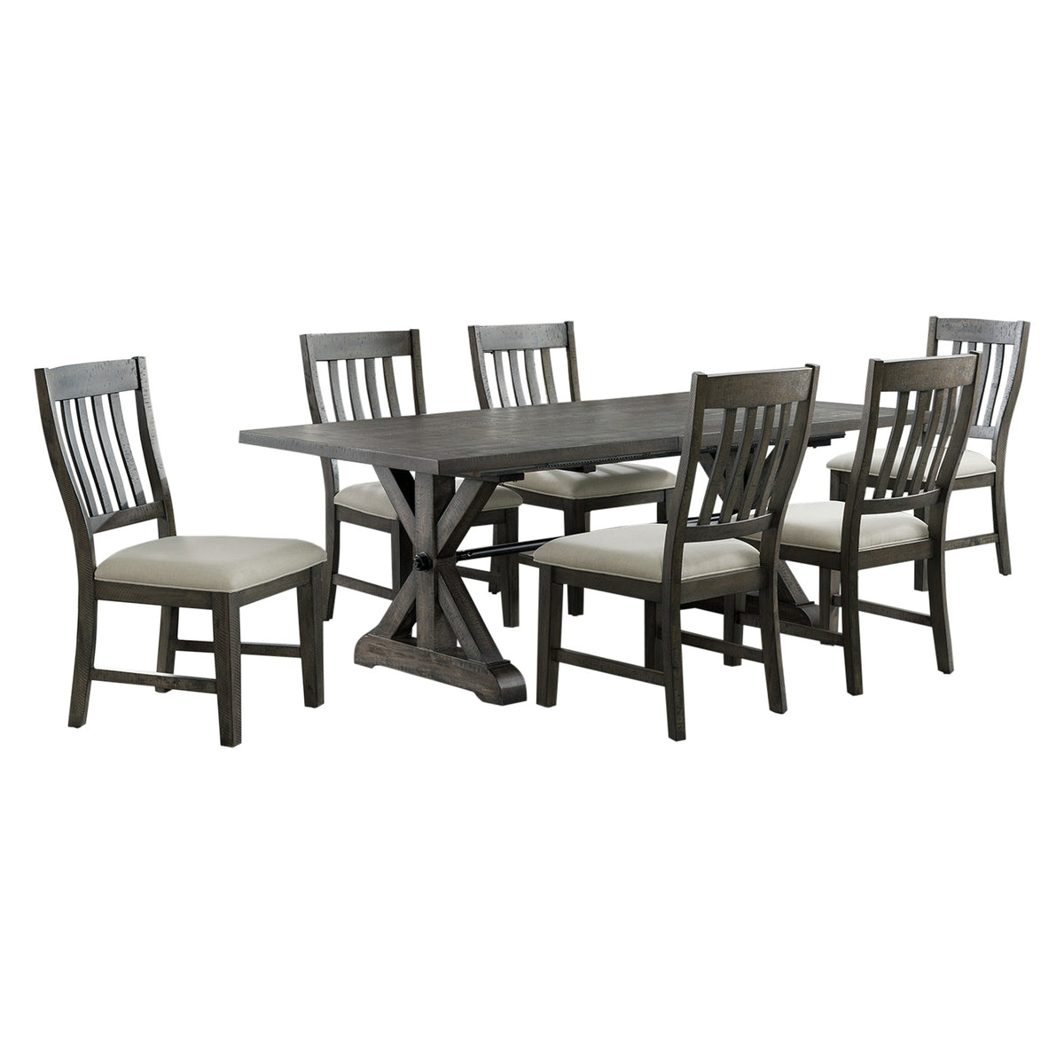 Sunset Trading Trestle 7 Piece Dining Set | 96 Inch  Rectangular Extendable Table | 6 Upholstered Side Chairs | Distressed Gray Wood