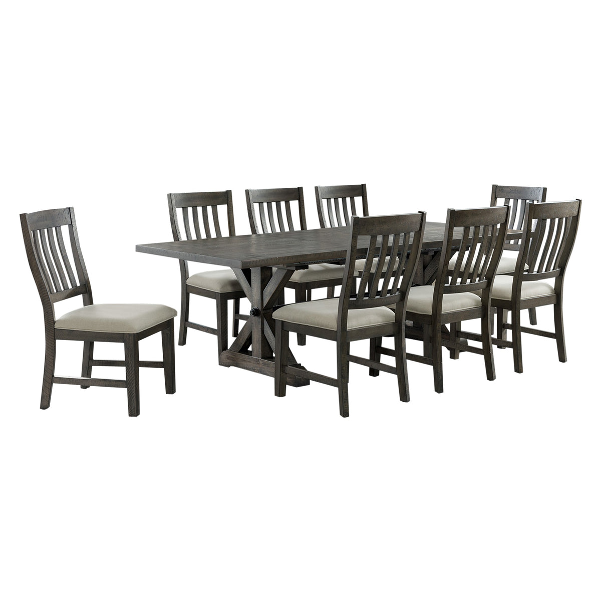 Sunset Trading Trestle 9 Piece Dining Set | 96 Inch  Rectangular Extendable Table | 8 Upholstered Side Chairs | Distressed Gray Wood