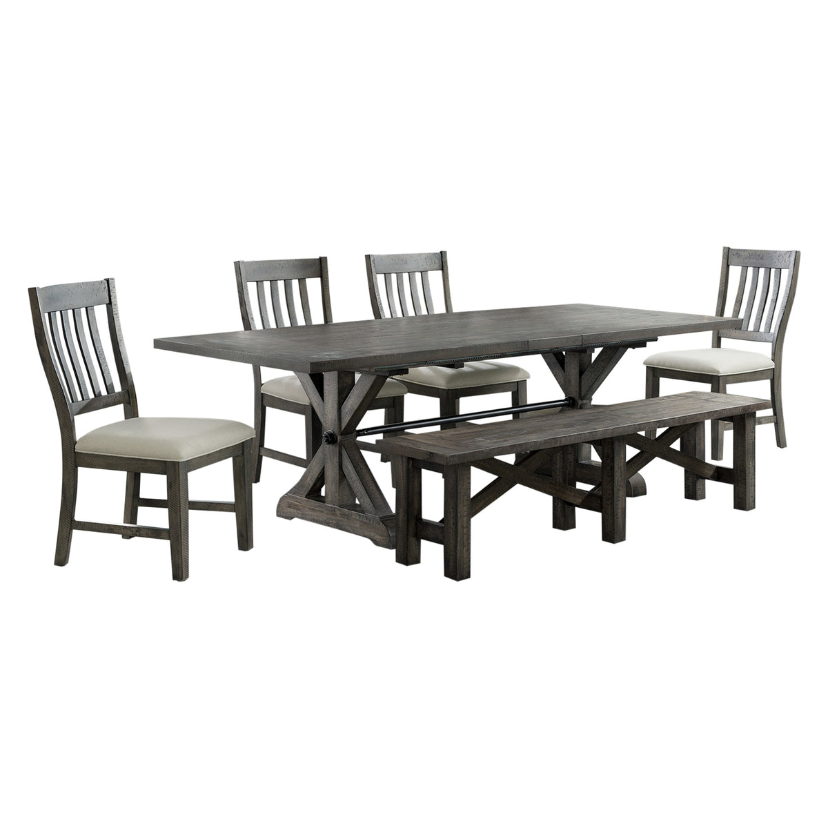 Sunset Trading Trestle 6 Piece Dining Set With Bench | 96 Inch  Rectangular Extendable Table | 4 Upholstered Side Chairs | Distressed