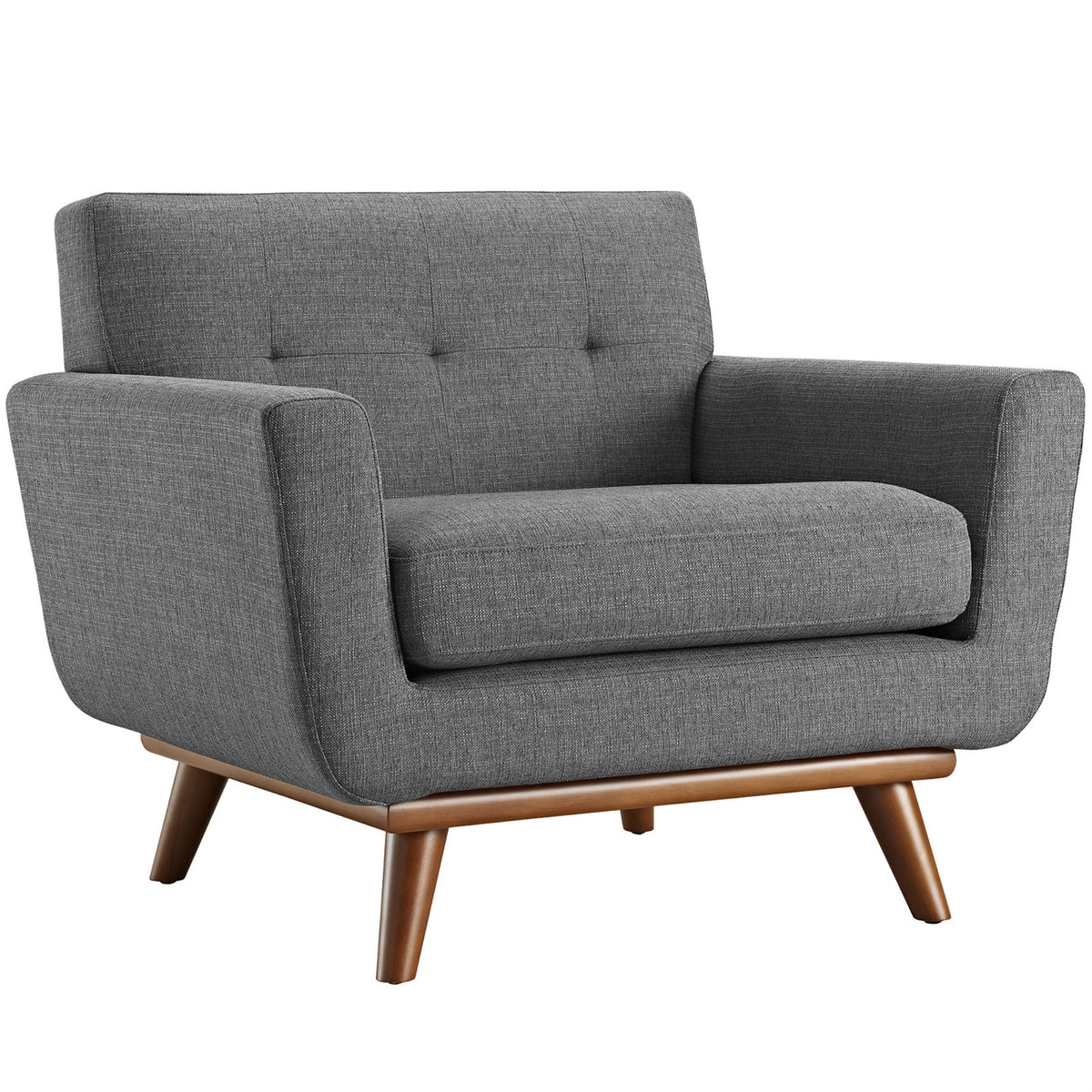 Engage Plush Armchair With Tufted Buttons  Perfect For Lounging, Relaxing, And Conversations  Cherry Wood Legs  Gray Fabric