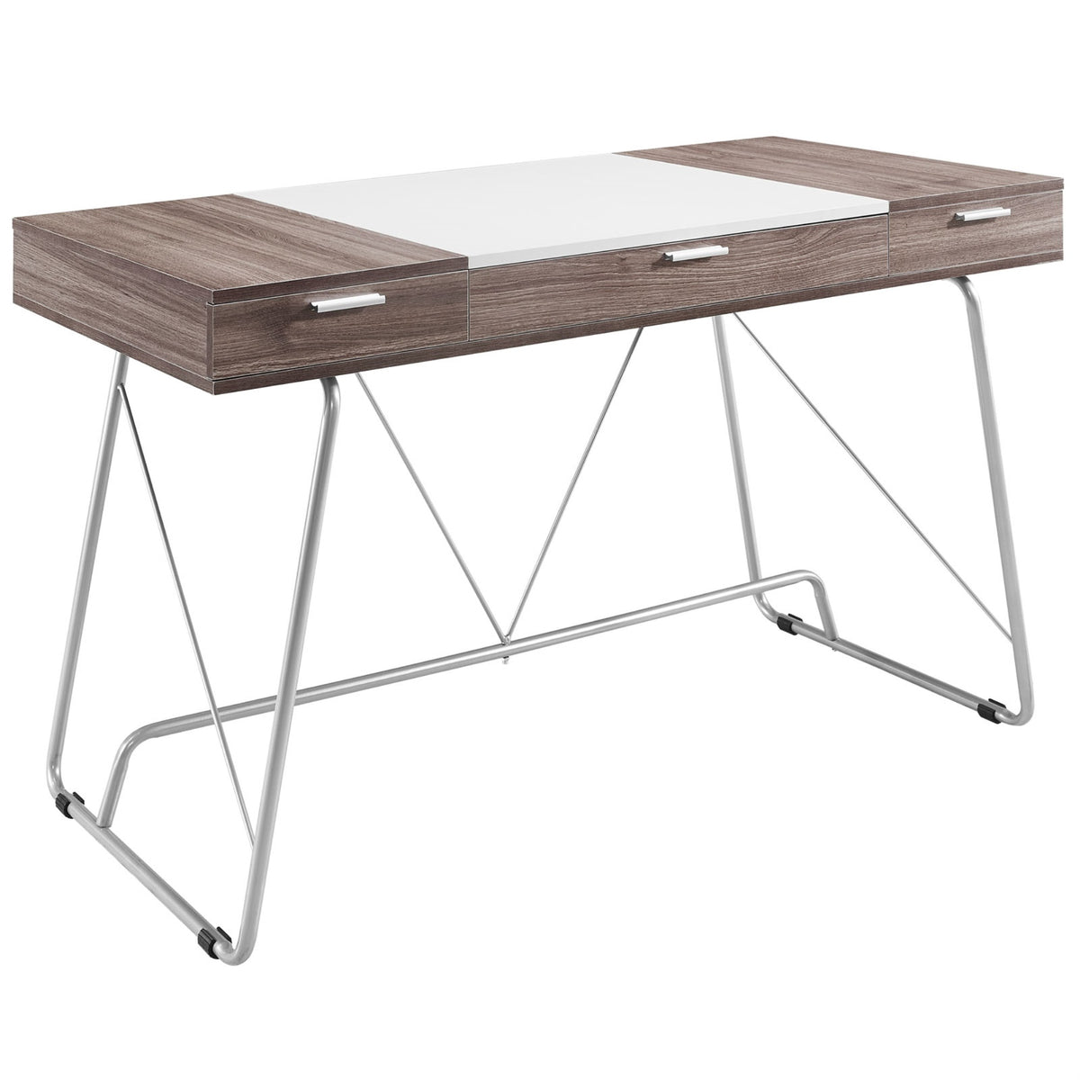 Exquisite Panel Desk  Seamless Integration Of Contrasting Tones  Melamine Fiberboard  3 Pullout Storage Drawers  Sleek Meta