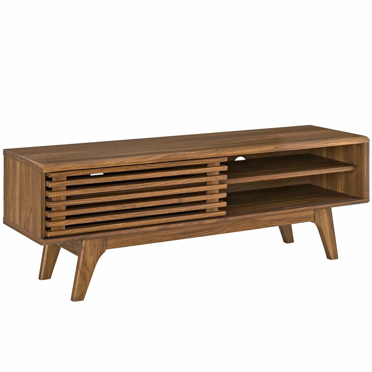 Midcentury Charm: Render 48 Tv Stand  Walnut | Sturdy Frame, Elegant Design | Slatted Sliding Door, Ample Storage | Cable Mana