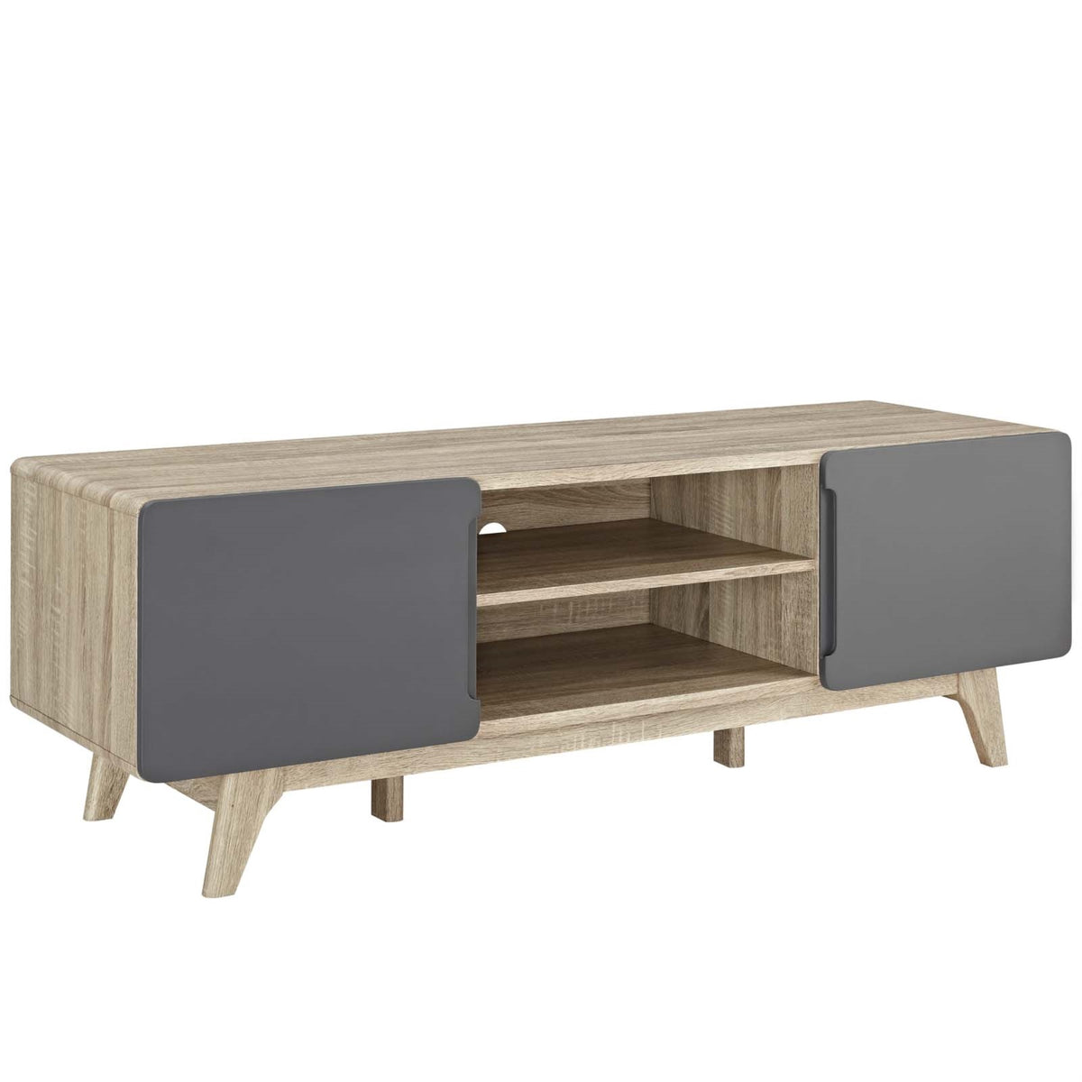 Tread 59 Inch  Tv Stand  Midcentury Modern Design, Height Adjustable Shelf, Cable Management, Concealed & Open Storage, Natural Gra