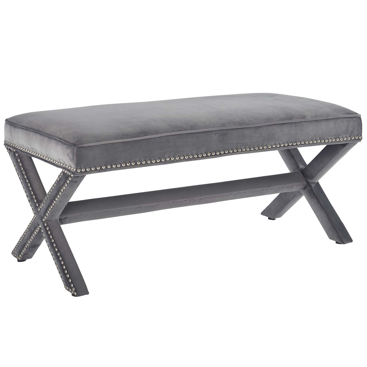Rivet Upholstered Velvet Bench  Gray