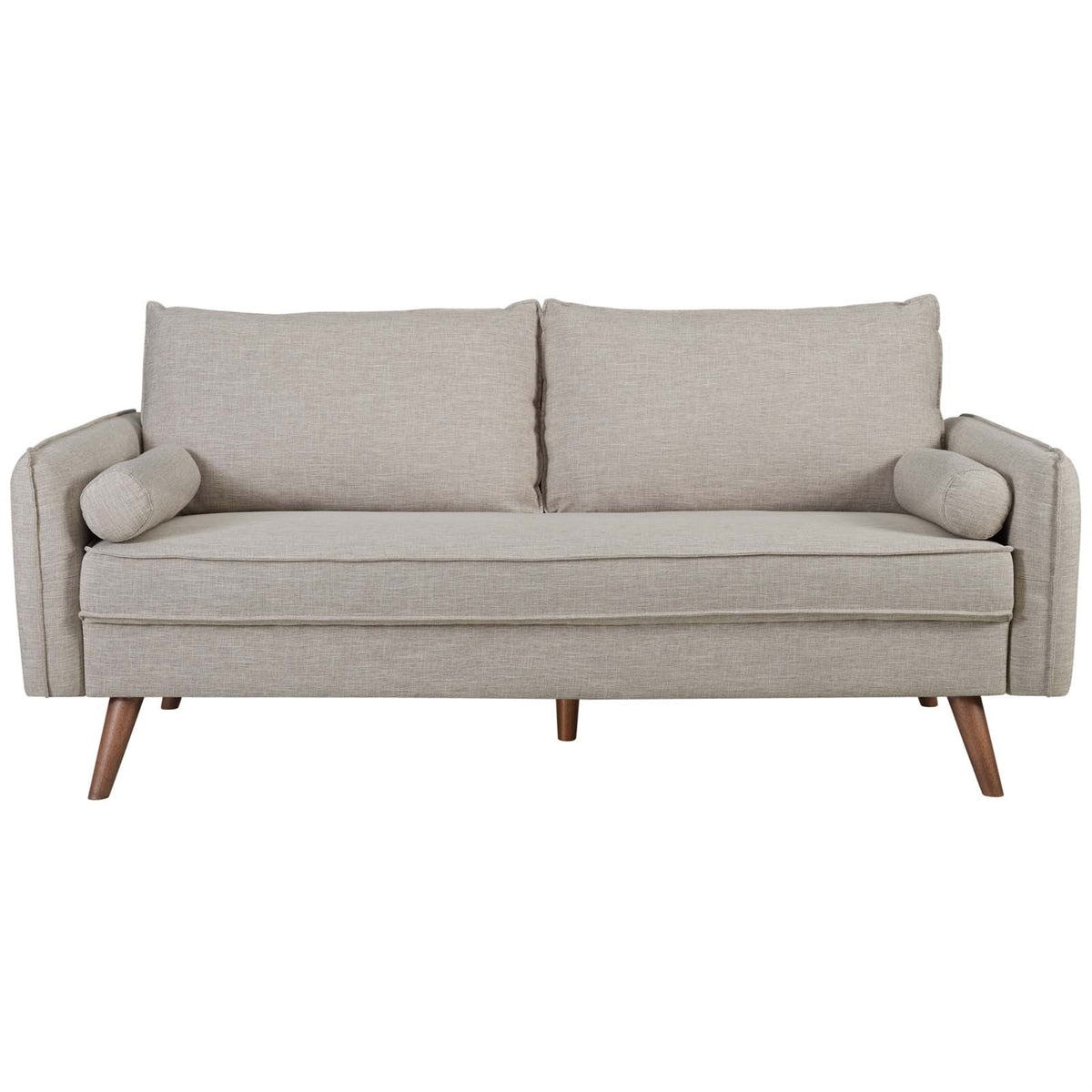 Revive Cozy And Refined Sofa With Bolster Pillows  Soft Fabric Upholstery, Sleek Lines, And Stylish Wood Legs  Convenient Ship