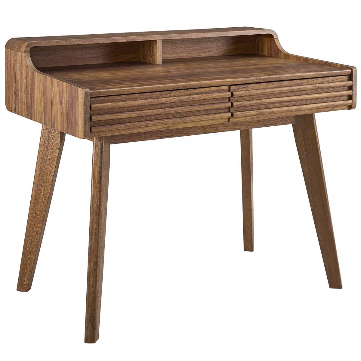 Render Writing Desk  Midcentury Charm | Sturdy Frame | Walnut Grain Laminate | 2 Storage Drawers | Tapered Wood Legs | Ideal F