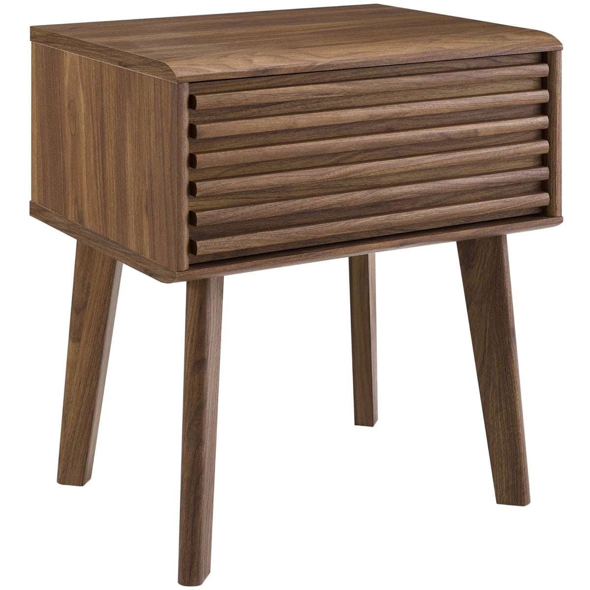 Render End Table Nightstand  Midcentury Modern Walnut Grain Laminate, Storage Drawer, Tapered Wood Legs  Bedroom/Living Room